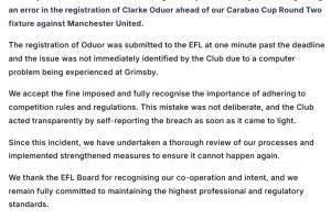 注册晚了！官方：因战曼联时违规派出球员，格林斯比被罚款2万镑