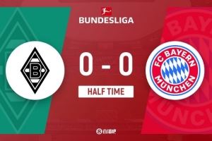 半场-拜仁暂0-0十人门兴 迪亚斯开场失单刀 卡斯特罗普飞铲染红